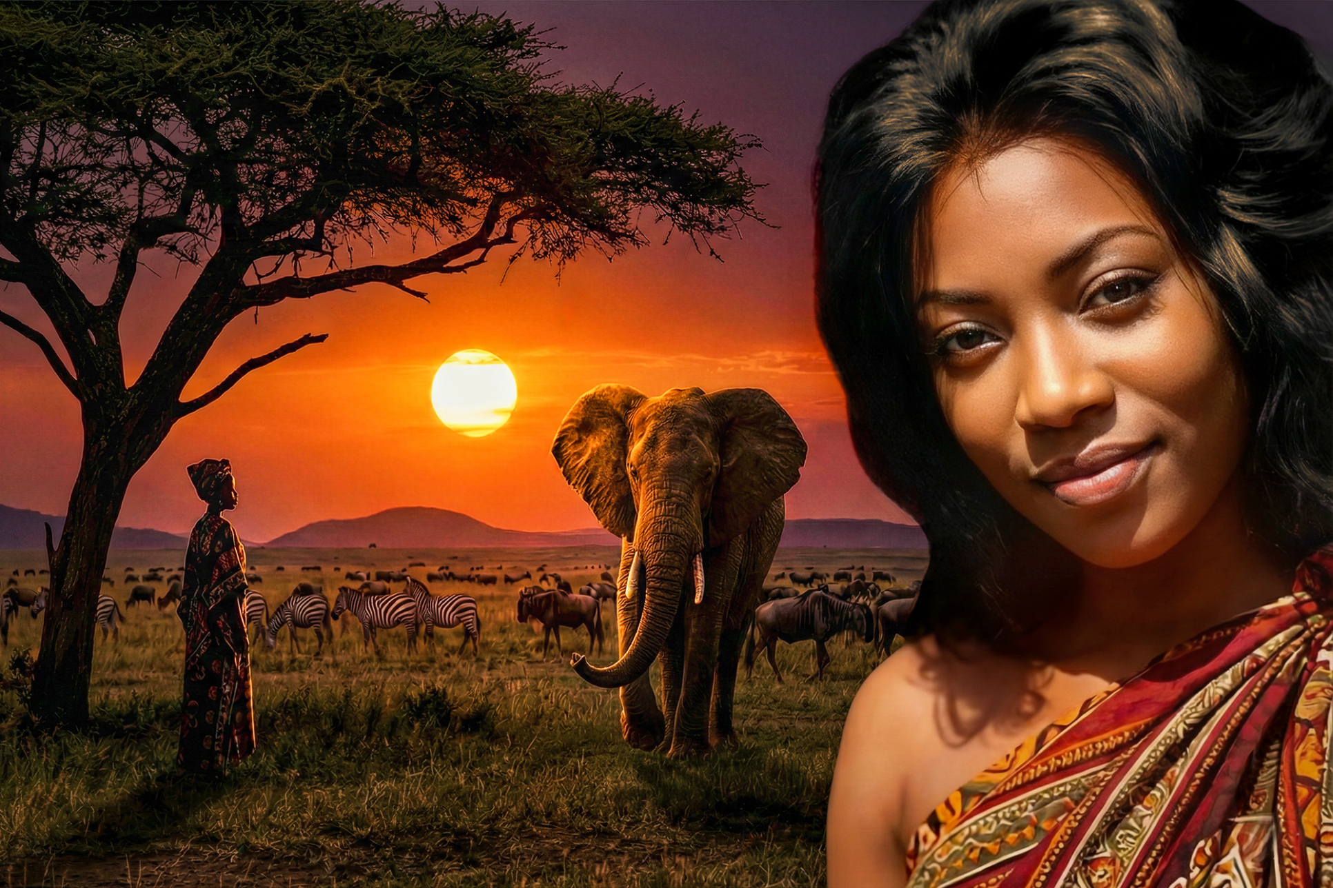 Afrikan Savanah with beautiful woman in traditional clothing reflecting the glow of the setting sun